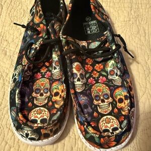 Day of the Dead Sugar Skull Slip-On Shoes - Black Multi